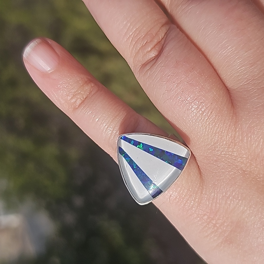 Unique White Blue Green Fire Opal Baloon Inlay Triangle Ring 925 Sterling Size 7